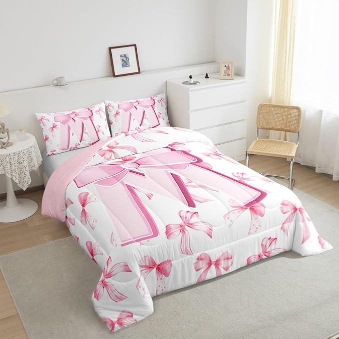 jejeloiu Kids Girls Cute Pink Bow Comforter Set King Size Monogrammed Bedding Set Ultra Soft Personalized Initial M Duvet Quilt Coquette Bow Knot Quilt Set Room Decor Modern Fashion Comforter