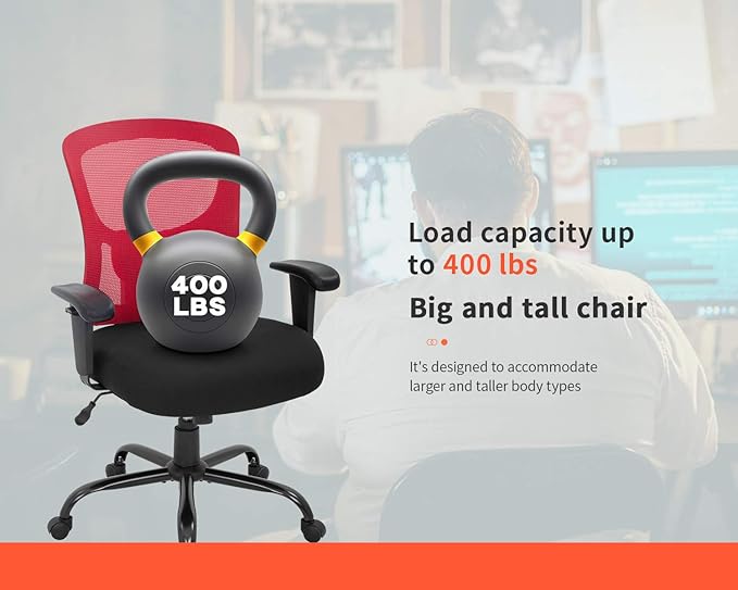 Big and Tall Office Chair+400lbs Wide Seat Mesh Desk Chair+Massage Rolling Swivel Ergonomic Computer Chair with Lumbar Support Adjustable Arms Task Chair for Heavy People+ (Red)