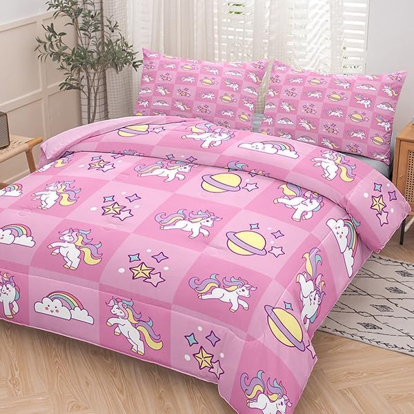 Tailor Shop Pink Twin Bedding Sets for Girls Kids Unicorn Comforter Set for Girls Unicorn Chessboard Room Decor Bed Set with 1 Pillowcase