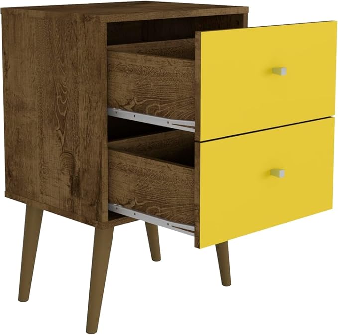 Manhattan Comfort Liberty Mid Century Modern Nightstand with Drawers, Bedside Table for Bedroom and Living Room, Night Stand Accent Decor, Easy Assembly, Brown/Yellow