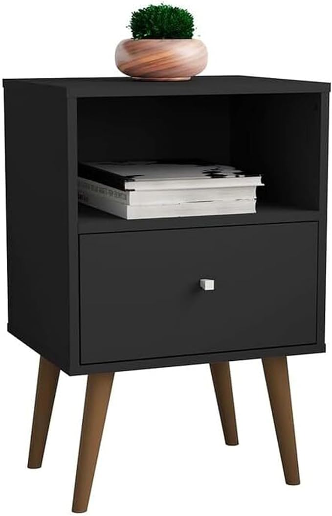 Manhattan Comfort Liberty Mid Century Modern Nightstand with Drawer and Cubby, Bedside Table for Bedroom and Living Room, Night Stand Accent Decor, Easy Assembly, Black