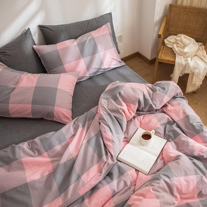 FACE TWO FACE Bedding Duvet Cover Set100% Washed Cotton Duvet Cover Linen Like Textured Breathable Durable Soft Comfy (California King, Grey Powder Grid)
