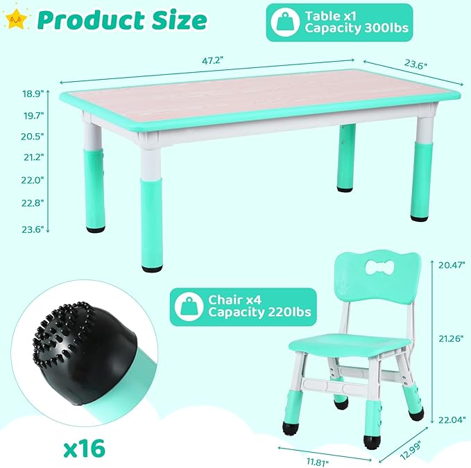 Arlopu Kids Table and 4 Chair Set, Height Adjustable Toddler Table and Chair Set, Non-Slip Legs, Graffiti Desktop, Large Children Activity Table, Reading Daycare Classroom Home (Light Green)