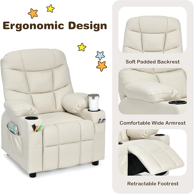GLACER Kids Recliner Chair w/Cup Holder & Side Pockets, Children Recliner w/Comfortable Backrest, Armrests & Footrest, Toddler PU Leather Recliner for Boys Girls, 3+ Age Group (Beige)