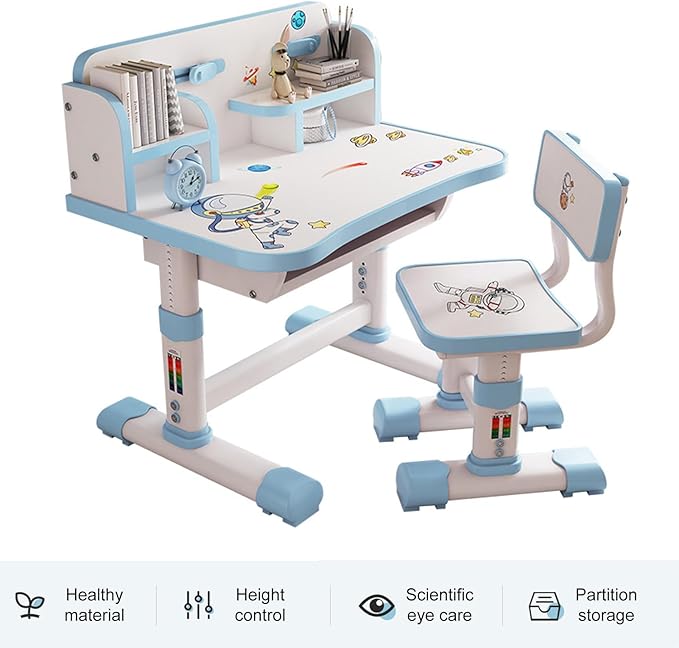 Children Learning Desk and Chair Set, Children Study Desk with Chair,Kids Widened Desktop Cartoon Pattern Desk Chair, Suitable for Reading, Learning, Writing, Painting, Etc Blue(Blue-B)