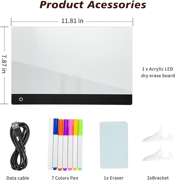LED Note Board with Colors, 11.8"X7.9" 4 Modes &6 Colors Acrylic Dry Erase Board with Light, Include Adapter, Hanging Chain, Led Drawing Board for Kids with Stand, 7 Markers