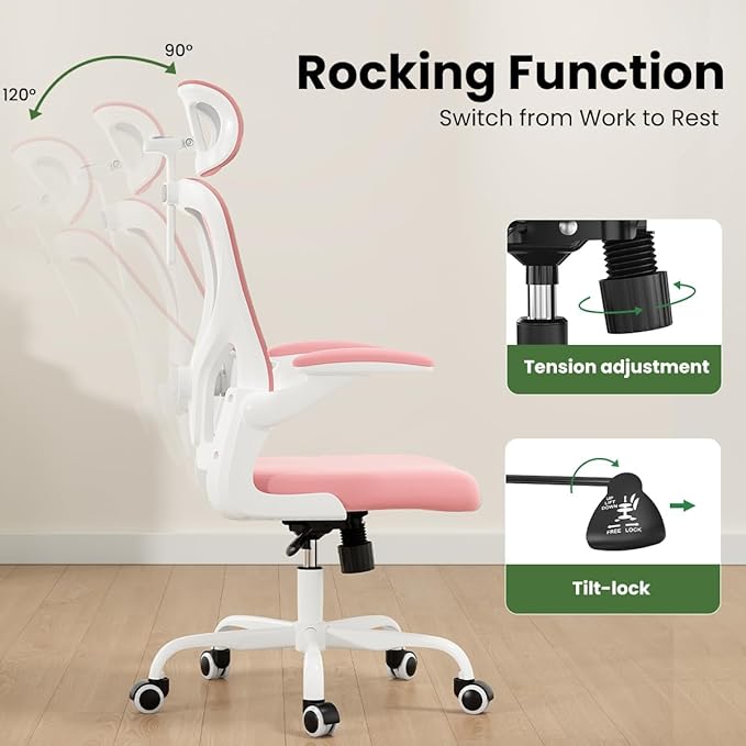 Soohow Ergonomic Office Chair,Home Office Desk Chair with Adjustable Lumbar Support Armrests,Comfy Computer Desk Chair with Headrest,for Home and Office, Pink