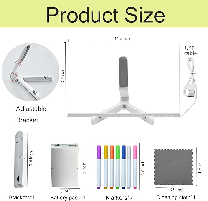 Led Note Board with Colors, Acrylic Dry Erase Board with Light, Light Up Dry Erase Board with Adjustable Stand with 7 Pens,for Office School Home, Kids Graffiti Board(11.8 x7.9in)