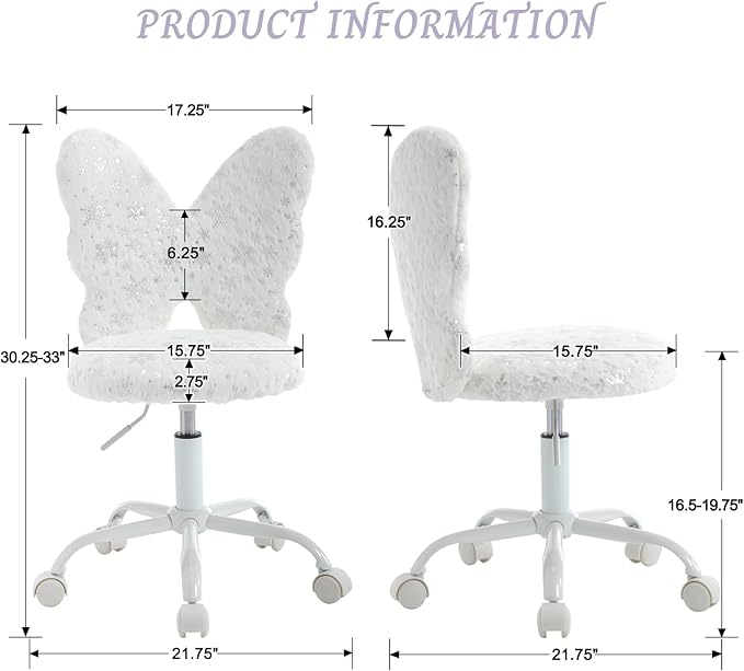 Cute Fuzzy Kids Chair for Teenage Girls Rolling Study Desk Student Chair Furry Computer Task Chair, Adjustable Butterfly Shaped Reading Vanity Chair for Bedroom, White