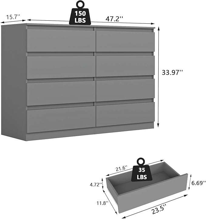 Grey Dresser for Bedroom,Modern Large 8 Drawer Dresser with Deep Drawer,Wide Storage Chest of Drawer,Wood Bedroom Storage Organizer Furniture,TV Stand for Living Room