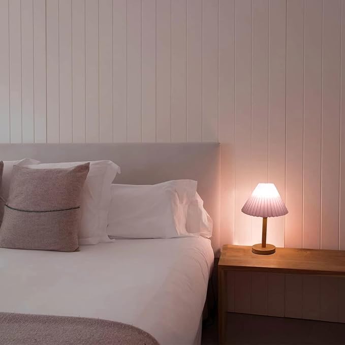 Zenply Korean Pleated Table Lamp, Cute Pink Small Table Lamp Nightstand Lamp, Mini Bedside Lamp for Bedroom Living Room Small Spaces, Small Table Lamp, with LED Bulb