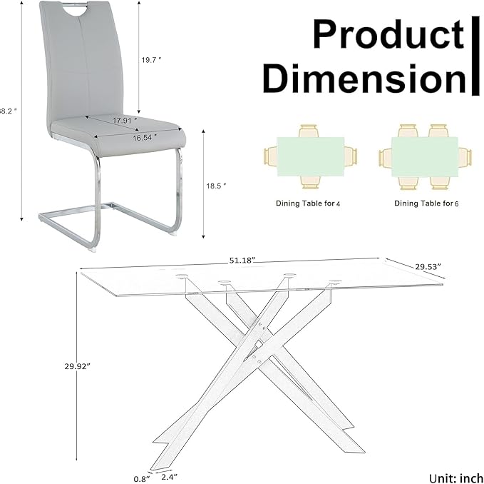 Goujxcy Modern Glass Dining Table Set for 4, Glass Silver Kitchen Table and Chairs Set, 5 Piece Dining Room Table Set with 51" Rectangle Dinner Table and 4 Grey Leather Dining Chairs