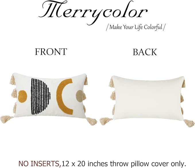 Merrycolor Boho Lumbar Throw Pillow Cover 12x20 Bohemian Tufted Decorative Pillow Covers with Tassels Mid Century Modern Aesthetic Throw Pillow Case for Couch Sofa Bedroom Living Room
