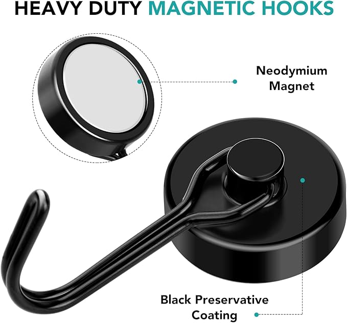 DIYMAG Black Magnetic Hooks,110LBS Strong Magnetic Hooks Heavy Duty, Strong Magnet Hooks with Metal Hanger for Hanging Refrigerator Home Kitchen Office, 4Pack