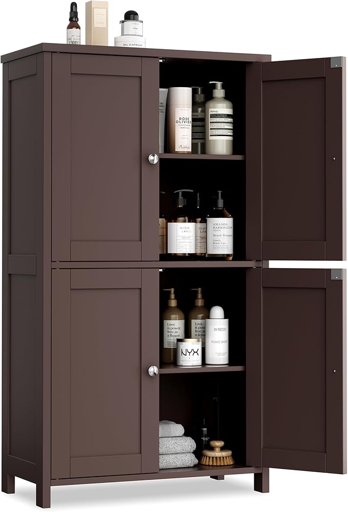 Vongrasig Bathroom Floor Storage Cabinet, Modern Storage Unit with 4 Doors and Adjustable Shelves, Freestanding Sideboard Cabinet for Bathroom, Kitchen, Living Room, Reddish Brown