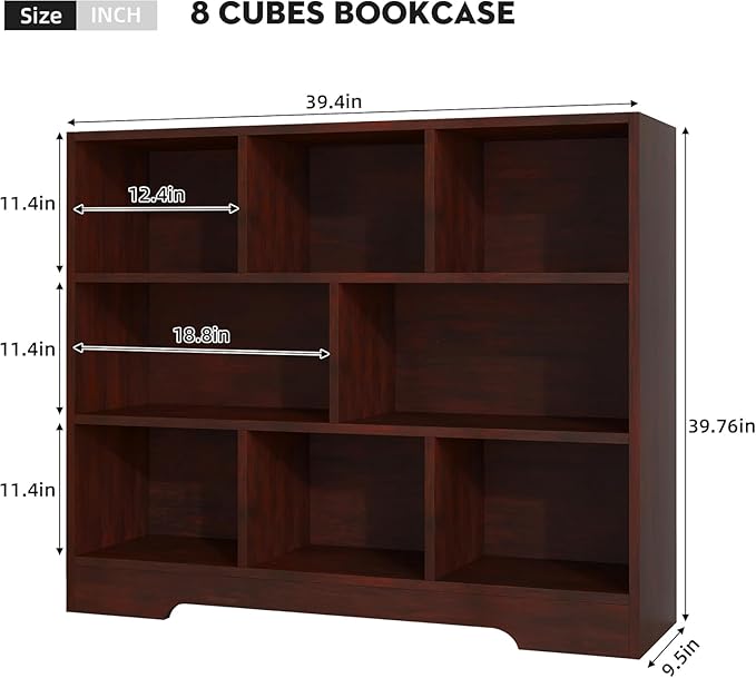 Kids Book Shelf Set of 2, 8 Cubes Storage Organizer Montessori Bookshelf, 3-Tier Wooden Kids Bookcase, Toy Storage Organizer for Children, Cherry Toddler Bookshelf Cube Shelf for Kid’s Room