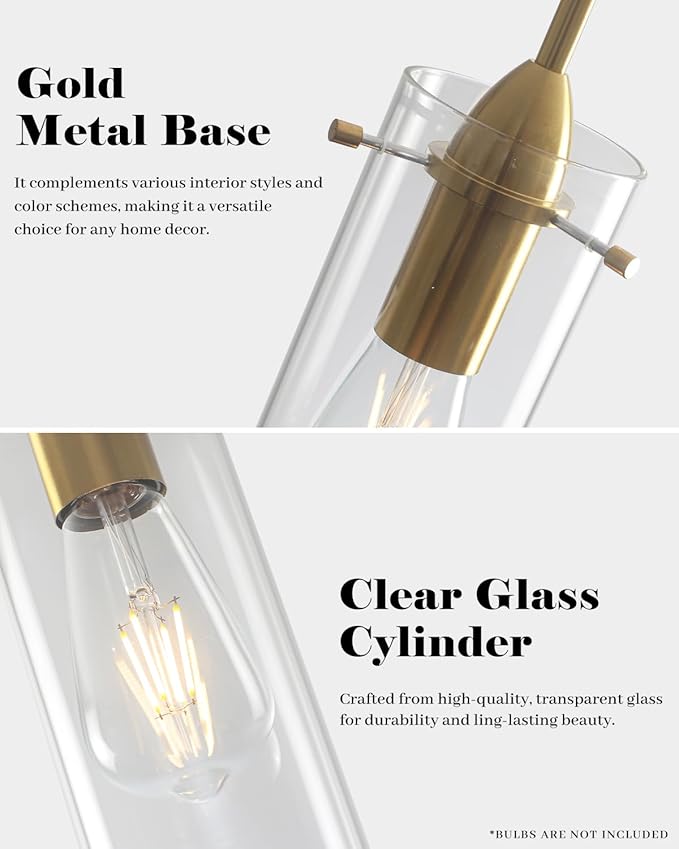 Gold Pendant Lights Kitchen Island 3 Packs, Blown Glass Pendant Light, Modern Glass Kitchen Pendant Light, Hanging Pendant Lights, Island Pendant Lights for Kitchen, Dining Living Bathroom