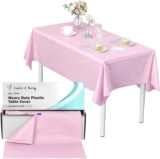 Craft And Party, 54 in x 300 feet Plastic Table Cover Roll for Party, Banquet, Picnic, Kids Activities for Any Size and Shape Table (Light Pink, 54" x 300ft)