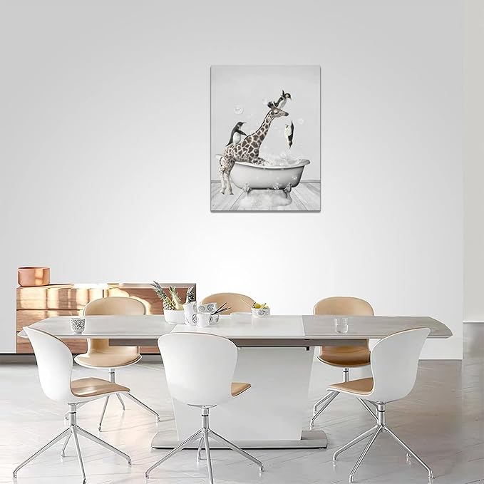 Funny Giraffe And Penguin Bathroom Wall Art - Kids Bathroom Wall Decor Animals In Bathtub Canvas Prints Artwork Paintings - Framed