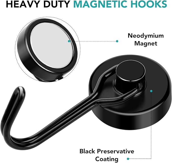 DIYMAG Black Magnetic Hooks, 80LBS Strong Magnetic Hooks Heavy Duty, Strong Magnet Hooks with Metal Hanger for Hanging Refrigerator Home Kitchen Office, 4Pack