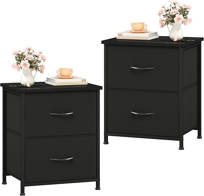 Somdot Nightstand Set of 2, Small Dresser for Bedroom with 2 Storage Drawers, Bed Side Furniture End Table with Fabric Bins for Bedroom Closet, Entryway, College Dorm, Black
