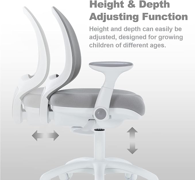 Kids Desk Chair, Boy's Girl's Child Children Study Office Computer Chair, Ergonomic Design, Adjustable Height and Seat Depth (Grey W/Armrests)