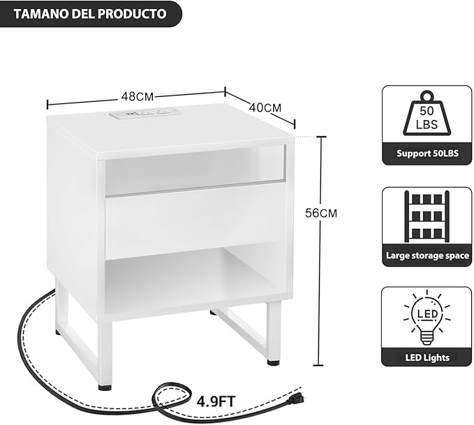 White Nightstand with LED Lighting & Outlet & Drawer Light Modern Bedside Table with Charging Station, Drawer and Shelf for Bedroom Dorm Room Decor 18.89x15.74x21.25