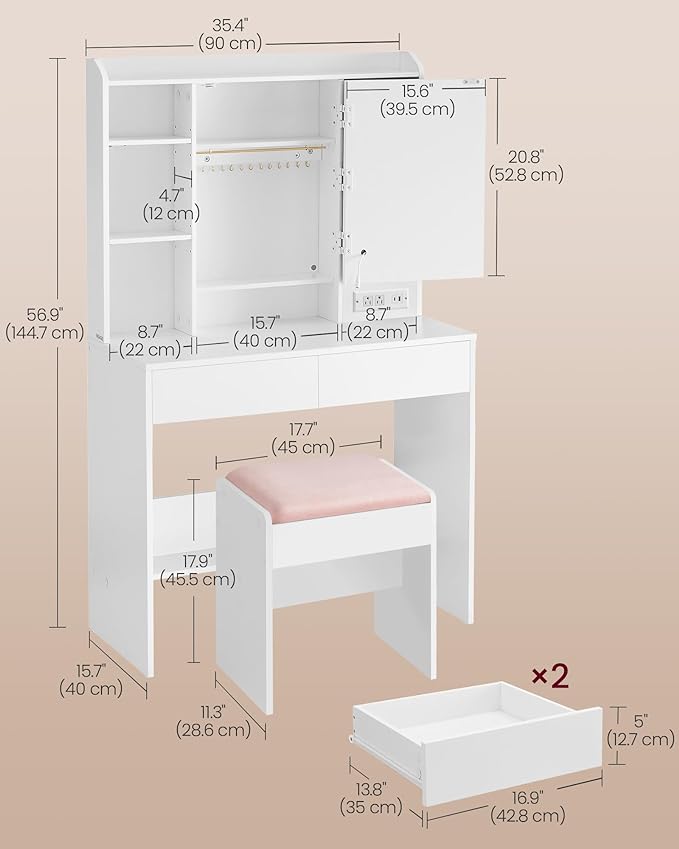 VASAGLE KAILYN Collection - Vanity Desk with Power Outlets, Makeup Vanity with Mirror and Lights, Upholstered Vanity Stool, LED Lights, 6 Compartments, 2 Drawers, for Bedroom, Cloud White URDT031W01