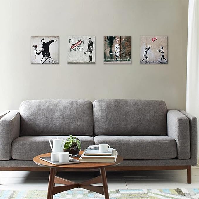 Cortolar Banksy Canvas Wall Art Graffiti Print Painting Abstract Pictures for Living Room Bedroom Bathroom Wall Decor (16"x16"x4-B)