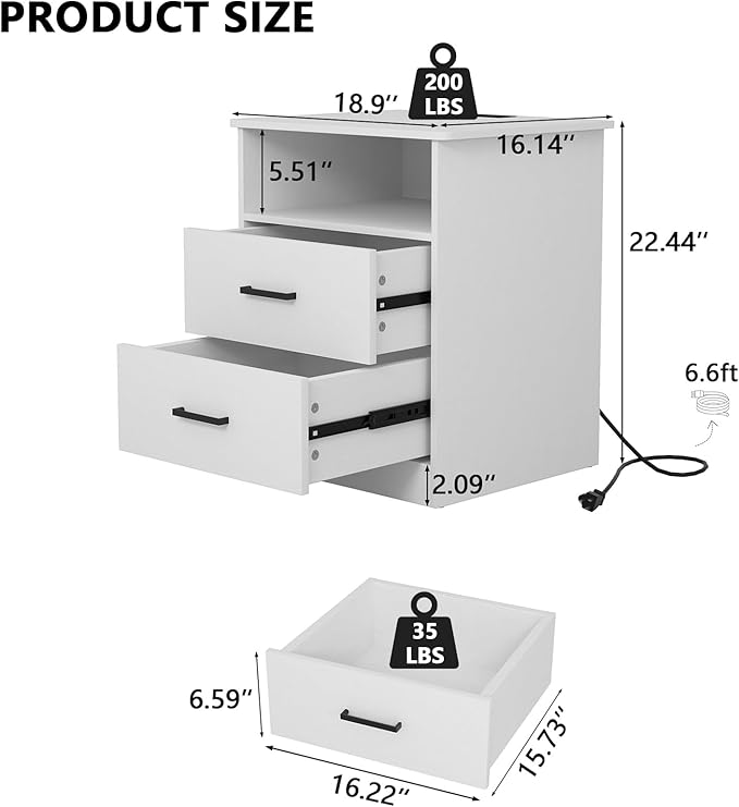 Night Stand with Charger Station, Modern Nightstand with USB Type-C Ports and AC Outlets, Large Bedside Table with 2 Drawers and Open Storage, Wooden End Table for Bedroom (White, 2 Drawers)