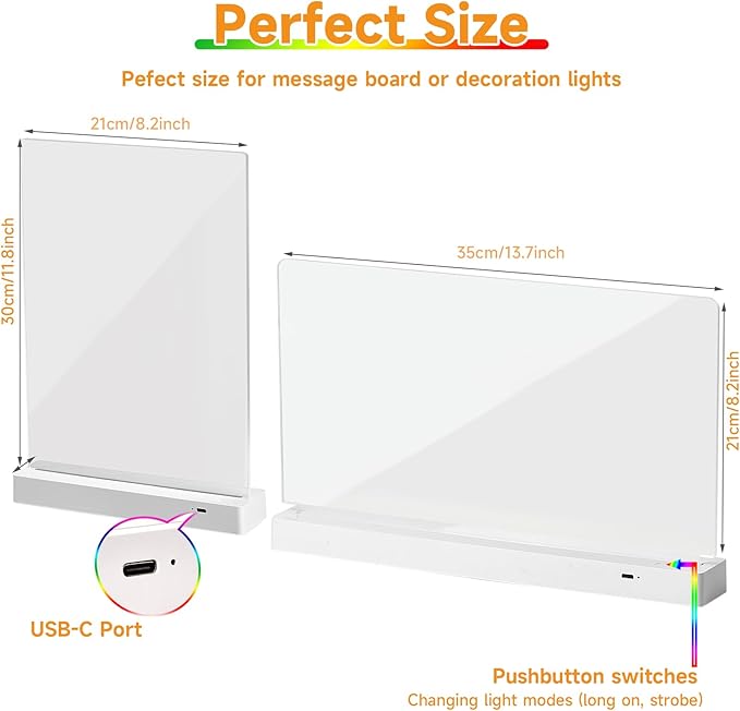 Clear Dry Erase Board, Rechargeable LED Acrylic Message Board, Acrylic Illuminated Dry Erase Board, Can be Used as Night Light for bar/Shop/Office/Holiday/Gifts (Horizontal13.7 * 8.2inch)