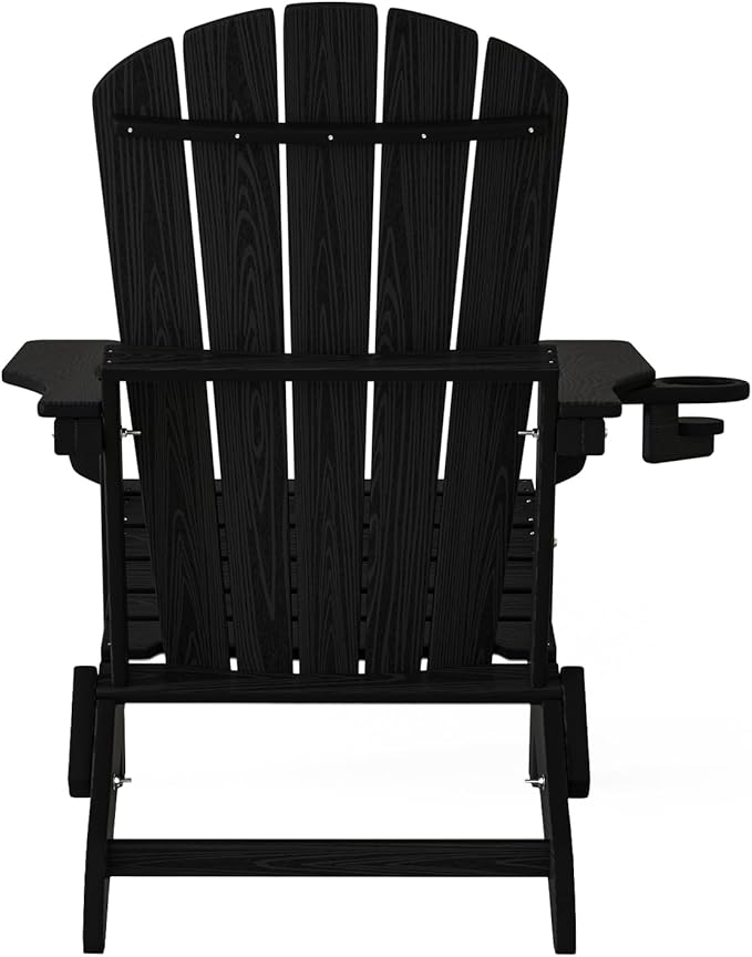 Plawdlik Folding Adirondack Chair, Cup Holder, SGS Tested, Wooden Textured，Heavy All-Weather HDPE Comfortable Set Poolside Backyard Lawn Black Set 2