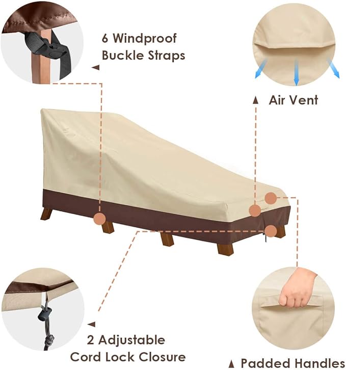 Vailge Waterproof Patio Chaise Lounge Cover, 600D Heavy Duty Outdoor Lounge Chair Covers,UV Resistant Patio Furniture Covers,Medium,Beige & Brown