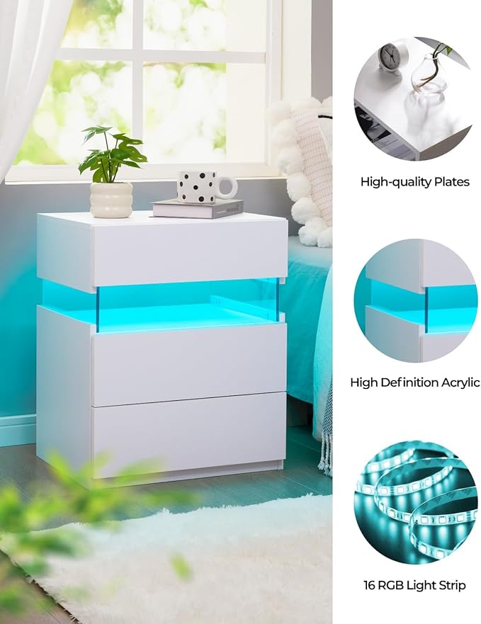 Bingoday LED Nightstand 2 Nightstands Bedroom set of 2 Bedroom Night Stands with Drawers Modern Bedside Table with 3 Drawers