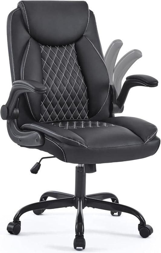 YFO Leather Office Ergonomic Home Office Desk Chair, Back Support Swivel Executive Office Chair with Wheels and Flip-Up Armrests, Small Gaming Chair with Adjustable Rocking Function, Black