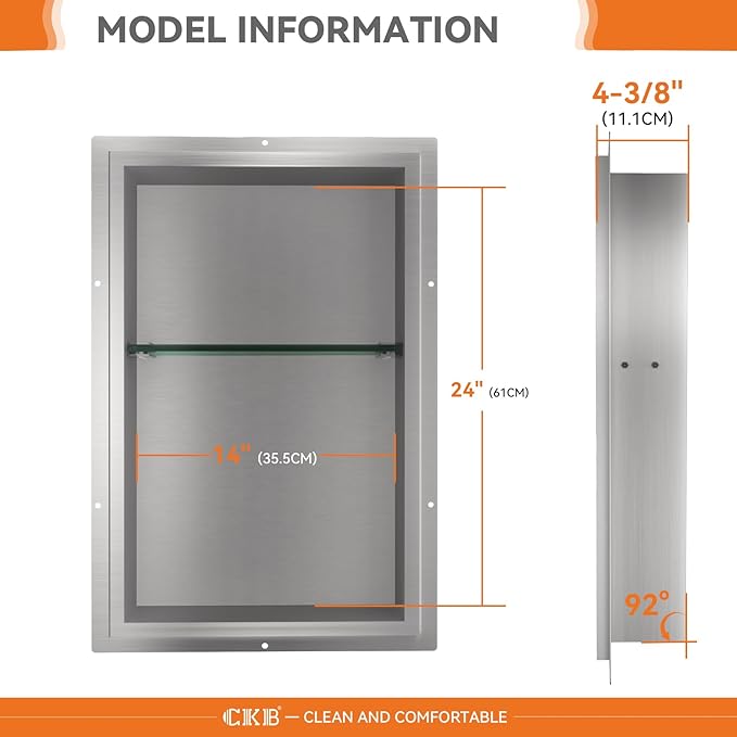 CKB Shower Niche Stainless Steel, 24 Inch x 14 Inch x 4 Inch Depth, Double-Layer Storage Shelves, Recessed Shower Shelf with Brushed Nickel