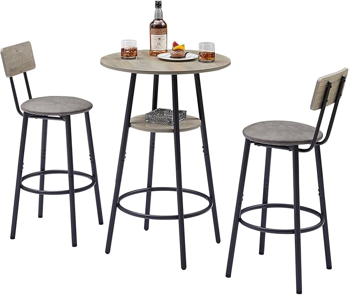NicBex 3-Piece Bar Table and Chairs Set, Grey Pub Table and Chairs Set of 2 with Storage Shelf, Bistro Table with Stools for Small Spaces