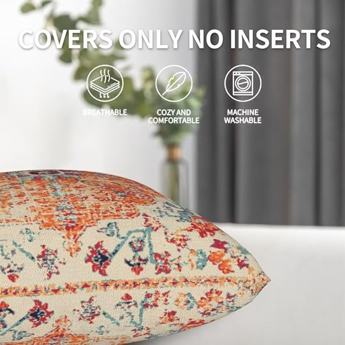 Boho Throw Pillow Covers 20 x 20 Set of 2, Orange Blue Carpet Pattern Pillow Covers Ethnic Design Rustic Farmhouse Cushion Cases Linen Decorative Gifts for Couch Sofa Indoor Outdoor