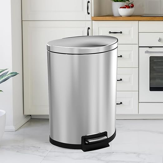 Kitchen Trash Can with Lid - 14.5 Gallon/ 55 L Semi-Round Stainless Steel Trash Can with Removable Inner Liner,Lid Soft Close,Fingerprint Proof,Foot Pedal Garbage Can for Home Office, Silver
