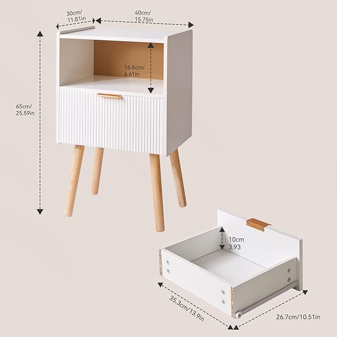 Nightstand with Storage Drawer, Modern Bedside Table with Liner Drawer and Solid Wood Legs, Small End Table with 2-Tier Storage, White YD-TM061W