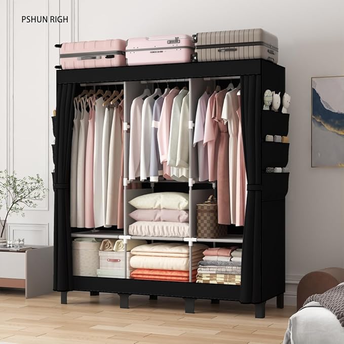 Portable Closet, Clothes Storage Box, Simple Wardrobe for Hanging Clothes, Multiple Shelves and 3 booms,6 Side Pockets (Black)” (Black, Large)