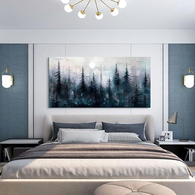Large Wall Decor for Living Room Canvas Wall Art for Office Modern Wall Decorations for Bedroom Foggy Forest Landscape Paintings Black and White Pictures Artwork Room Home Decor 24"X48"