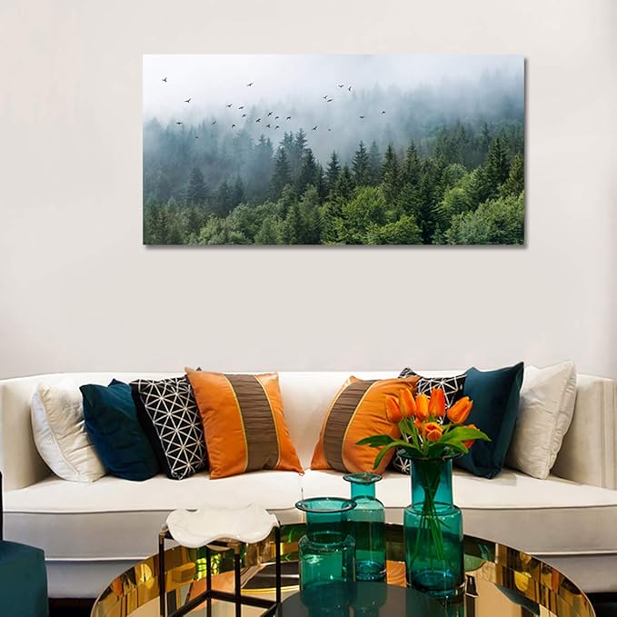 Green Forest Wall Art Tropical Forest Mountain Bird Contemporary Canvas Pictures Modern Artwork Framed for Bathroom Bedroom Nursery Living Room Home Office Kitchen Wall Decor 20" x 40"