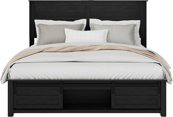 Wooden Queen Size Bed Frame with Headboard, Classic Black Farmhouse Storage Bedframe with Sliding Barn Door Footboard and Charging Station, Wood Slats, No Box Spring Needed