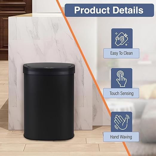 PayLessHere 13 Gallon Trash Can Kitchen Trash Can Automatic Garbage Can with Lid Touch Free High-Capacity Motion Sensor for Kitchen Bedroom Bathroom Office Trash Bin (1, Black Stainless Steel)