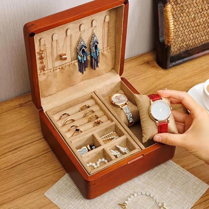 Bescott 2 Layer Solid Wooden Jewelry Box for Women Real Wood Vintage Jewelry Organizer Storage for Earrings Rings Necklaces Bracelet Watch Men