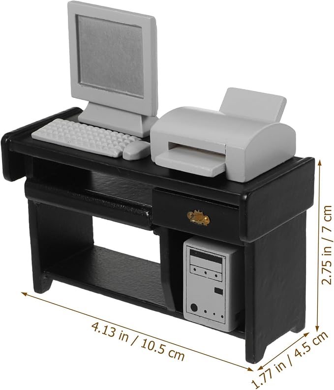 Toyvian Miniature Desk Office Furniture: 1 Set Dollhouse Mini Computer Desk and Tiny Chair Model Ornament for Crafts, Kids Doll House Decor