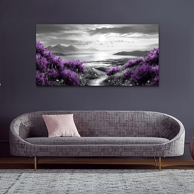 Canvas Wall Art for Living Room Large Wall Decor for Bedroom Modern Office Wall Decoration Purple Flowers Landscape Paintings Black and White Scenery Pictures Artwork Aesthetic Home Decor
