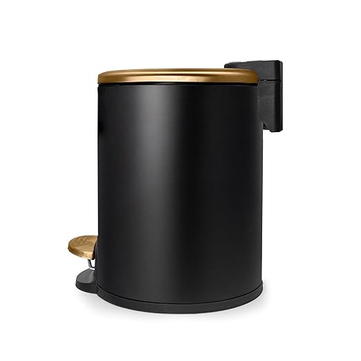 ACENTO 1.3 Gal Round Bathroom Trash Can with Lid – Stainless Steel Small Trashcan with Soft Close Pedal & Removable Liner – Compact Waste Bin for Bathroom, Bedroom, Dorm, Office – Matte Black & Gold