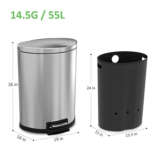 Kitchen Trash Can with Lid - 14.5 Gallon/ 55 L Semi-Round Stainless Steel Trash Can with Removable Inner Liner,Lid Soft Close,Fingerprint Proof,Foot Pedal Garbage Can for Home Office, Silver